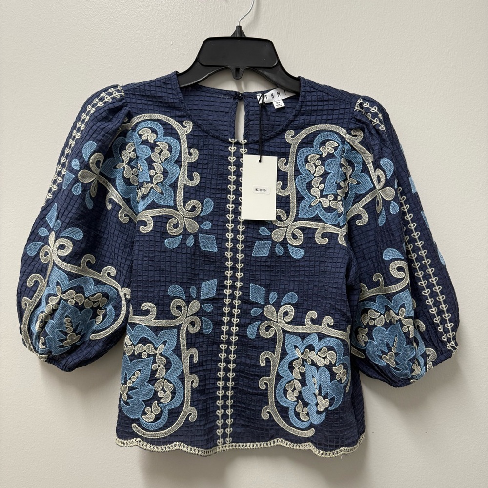 THML Navy and Cream Embroidered Blouse